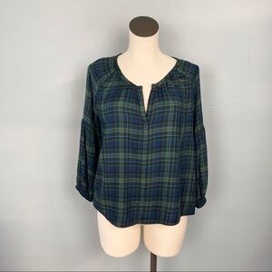 𝅺michael Stars Plaid 3/4 Sleeve Split Neck Blouse